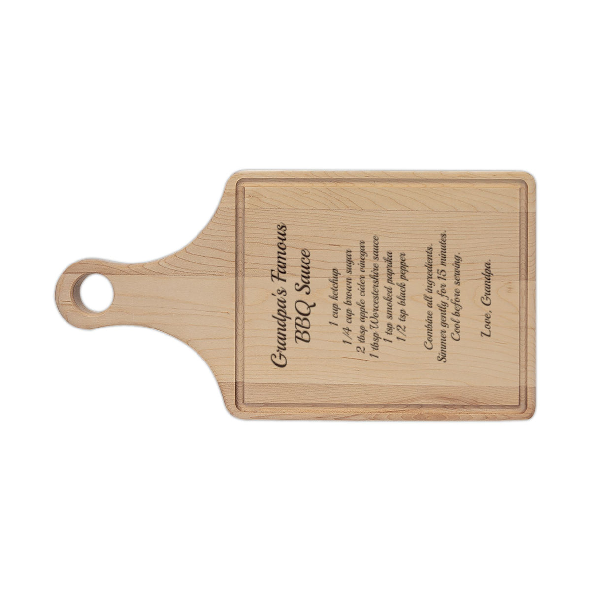 Grandpa's BBQ recipe cutting board, maple paddle board with drip ring, engraved with Grandpa's Famous BBQ Sauce recipe