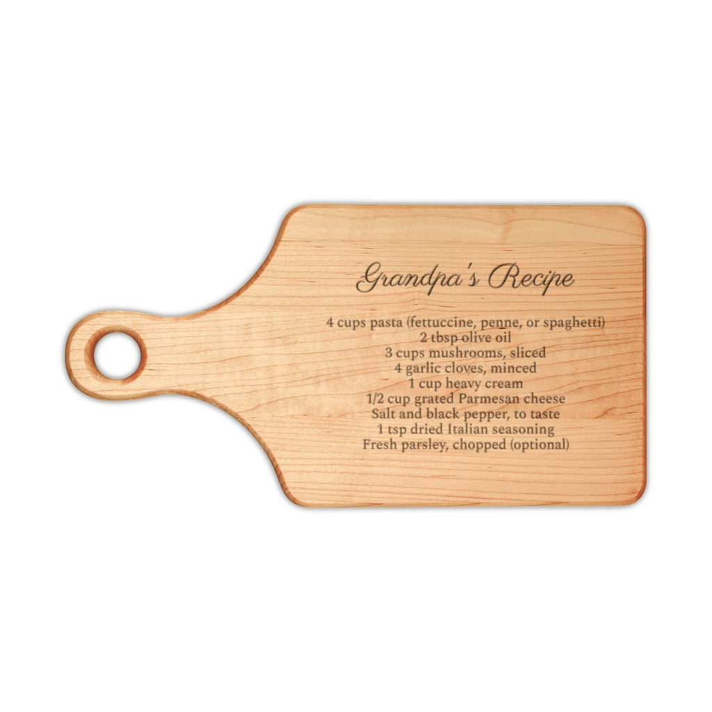 Grandpa's recipe cutting board, maple paddle board engraved with Grandpa's Recipe and a script recipe