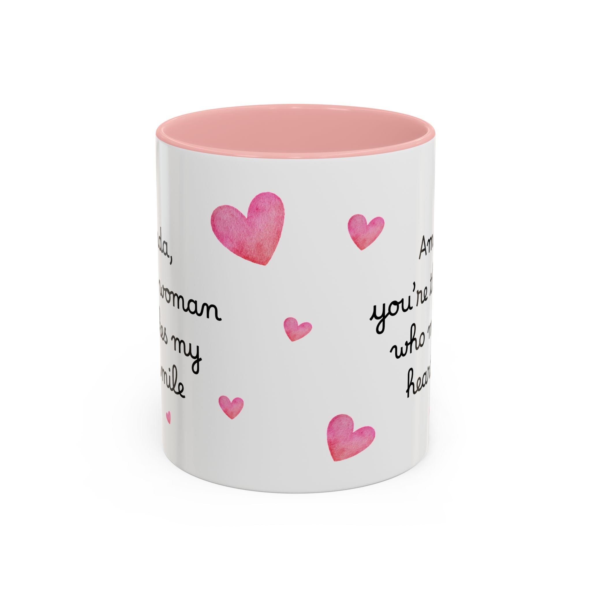 Personalized Heart Coffee Mug — "[Name], you’re the woman who makes my heart smile" (Accent 11/15oz)