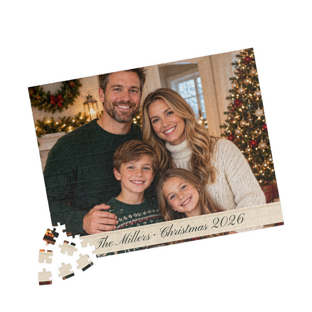 Landscape personalized photo puzzle with a family Christmas photo and loose pieces