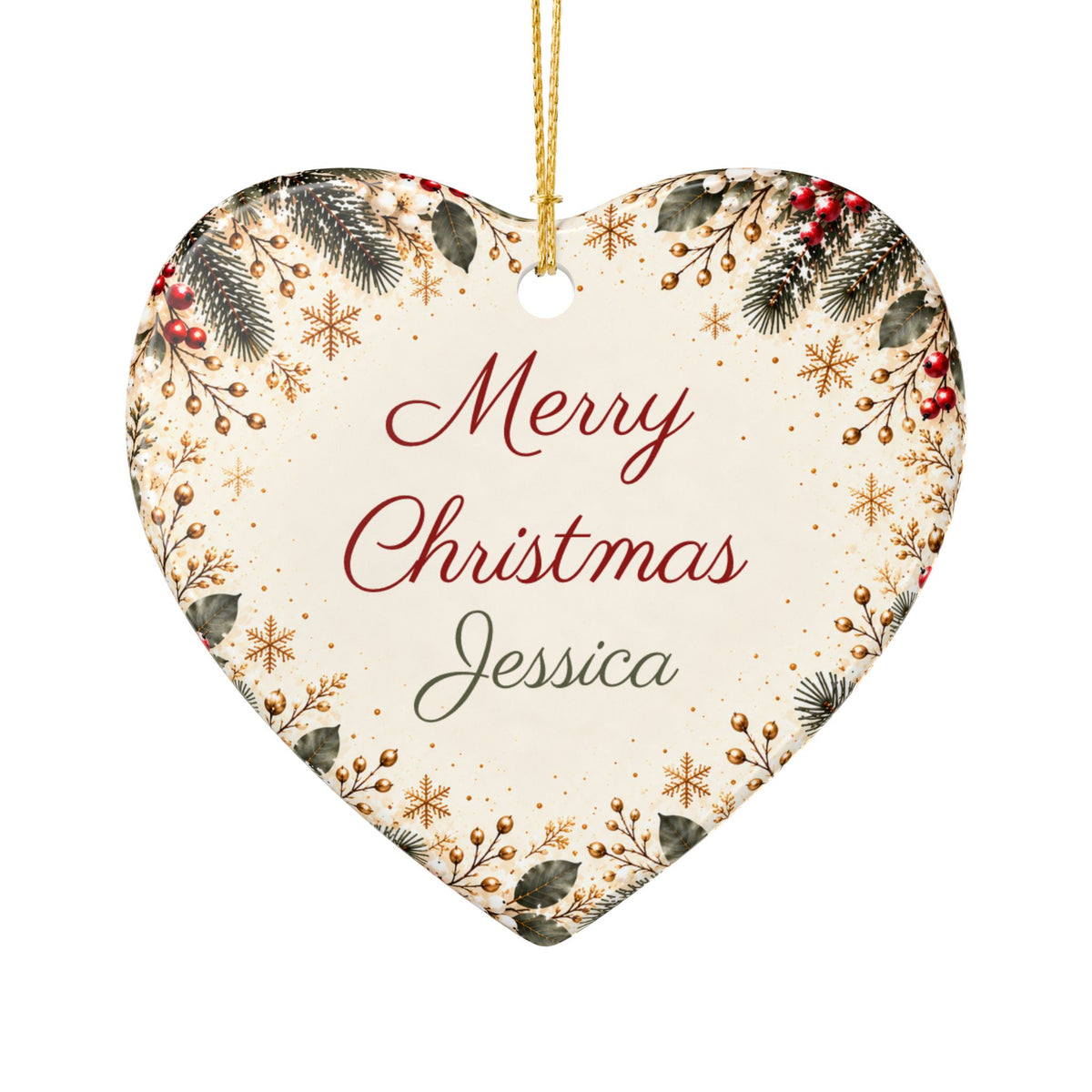 Heart-shaped teacher Christmas ornament with name and gold string, close-up
