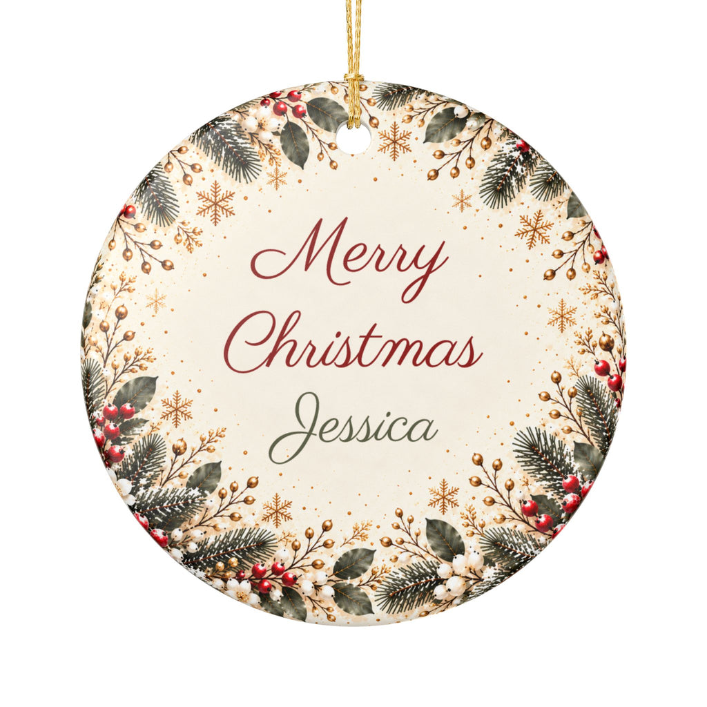 Teacher Christmas ornament, round ceramic with Merry Christmas and name Jessica in a winter wreath