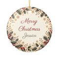 Teacher Christmas ornament, round ceramic with Merry Christmas and name Jessica in a winter wreath