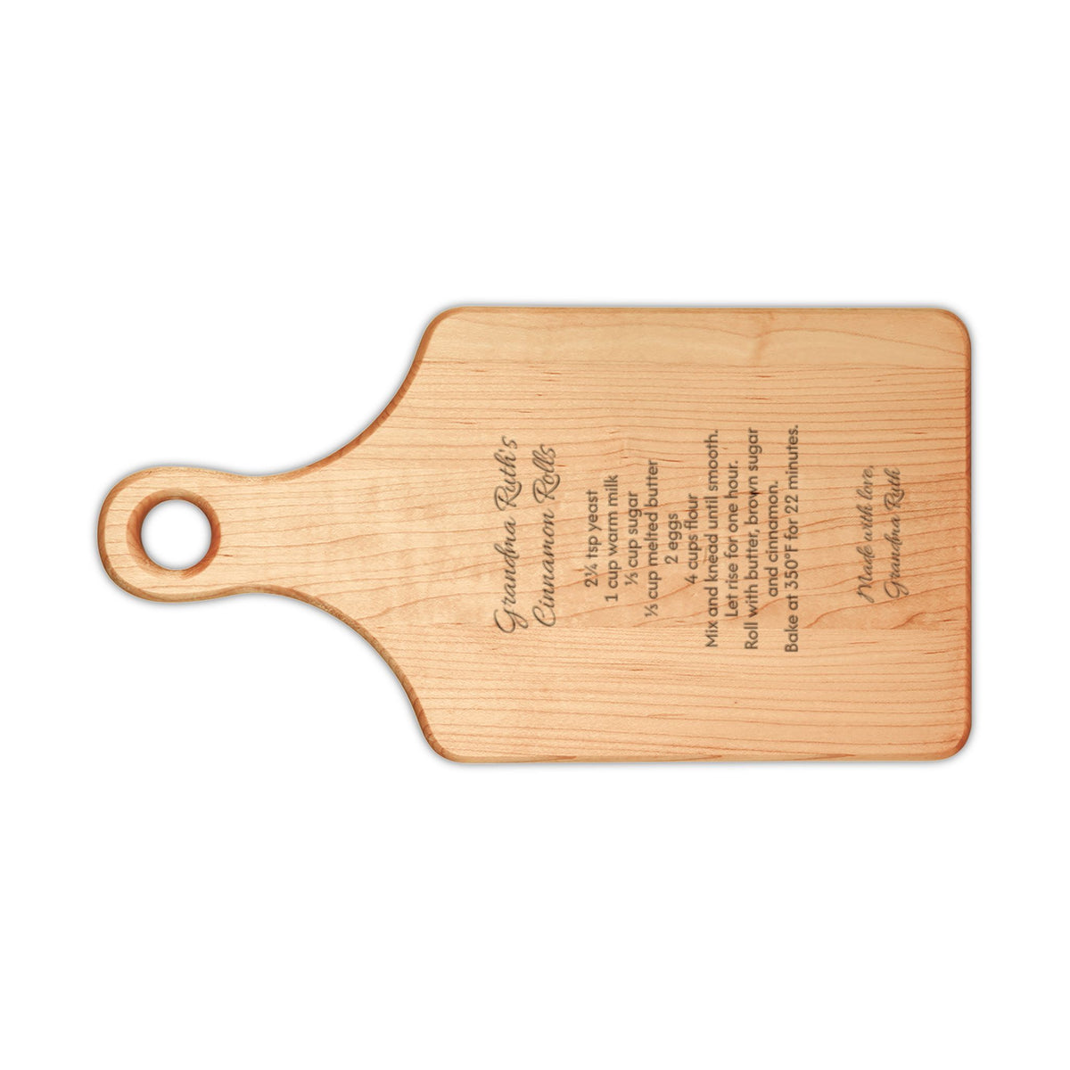 Grandma's recipe cutting board, maple paddle board engraved with Grandma Ruth's Cinnamon Rolls recipe