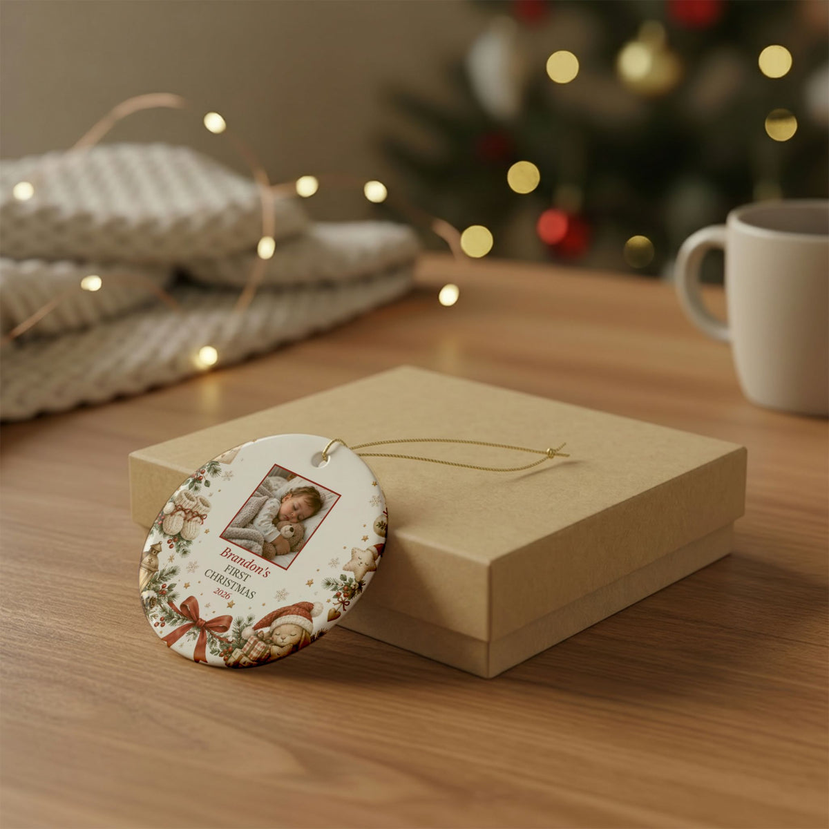 Baby's first Christmas ornament on a kraft gift box on a wooden table with Christmas lights
