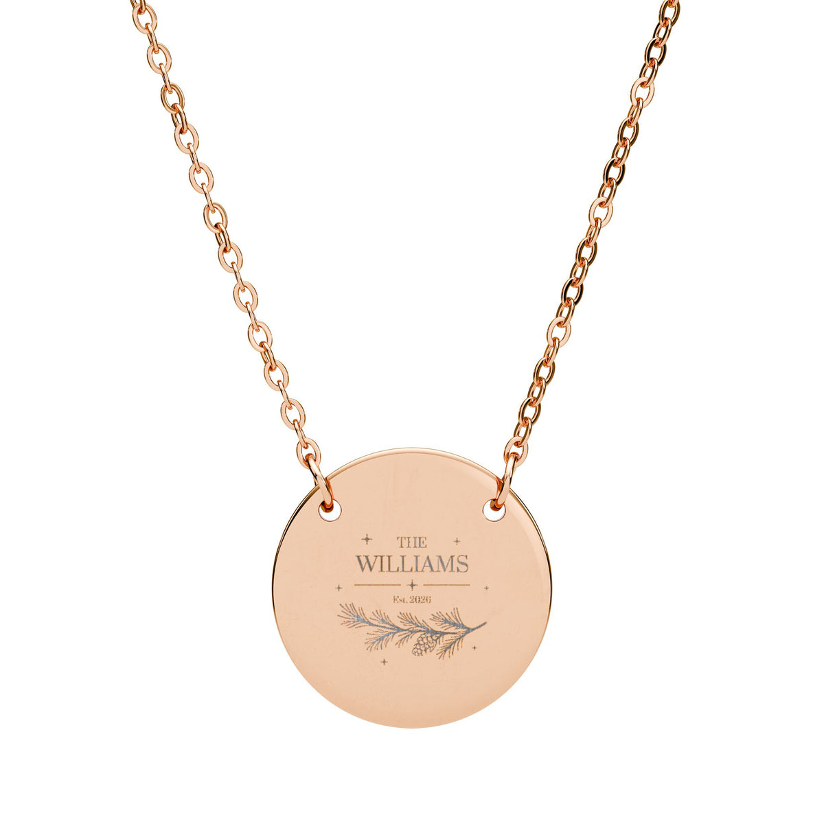 Family name necklace in rose gold finish, engraved with The Williams, an established year and a pine branch