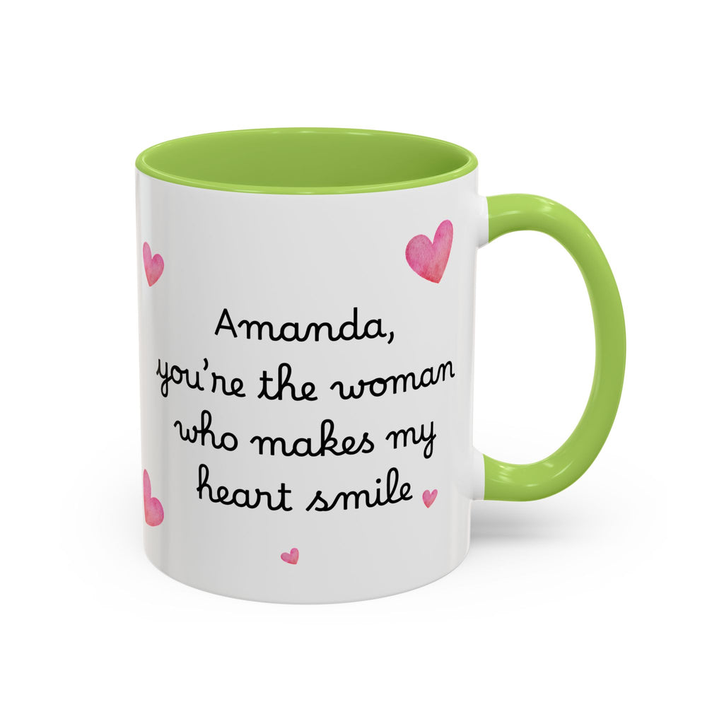 Personalized Heart Coffee Mug — "[Name], you’re the woman who makes my heart smile" (Accent 11/15oz)