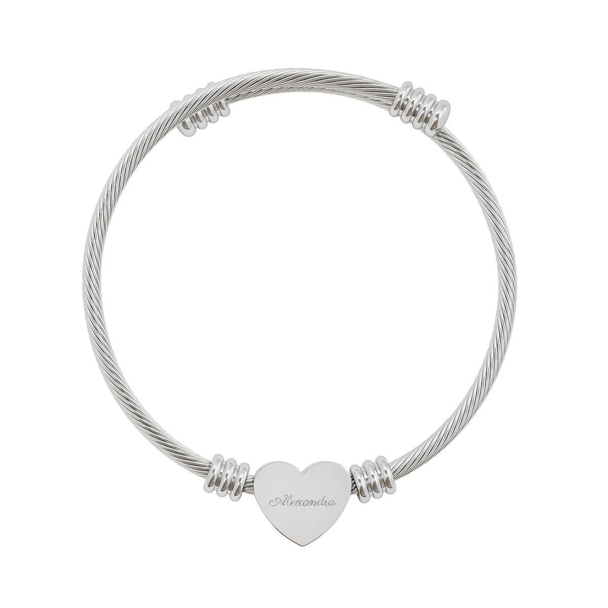 Personalized name heart cuff bracelet in silver, full cuff view with heart charm