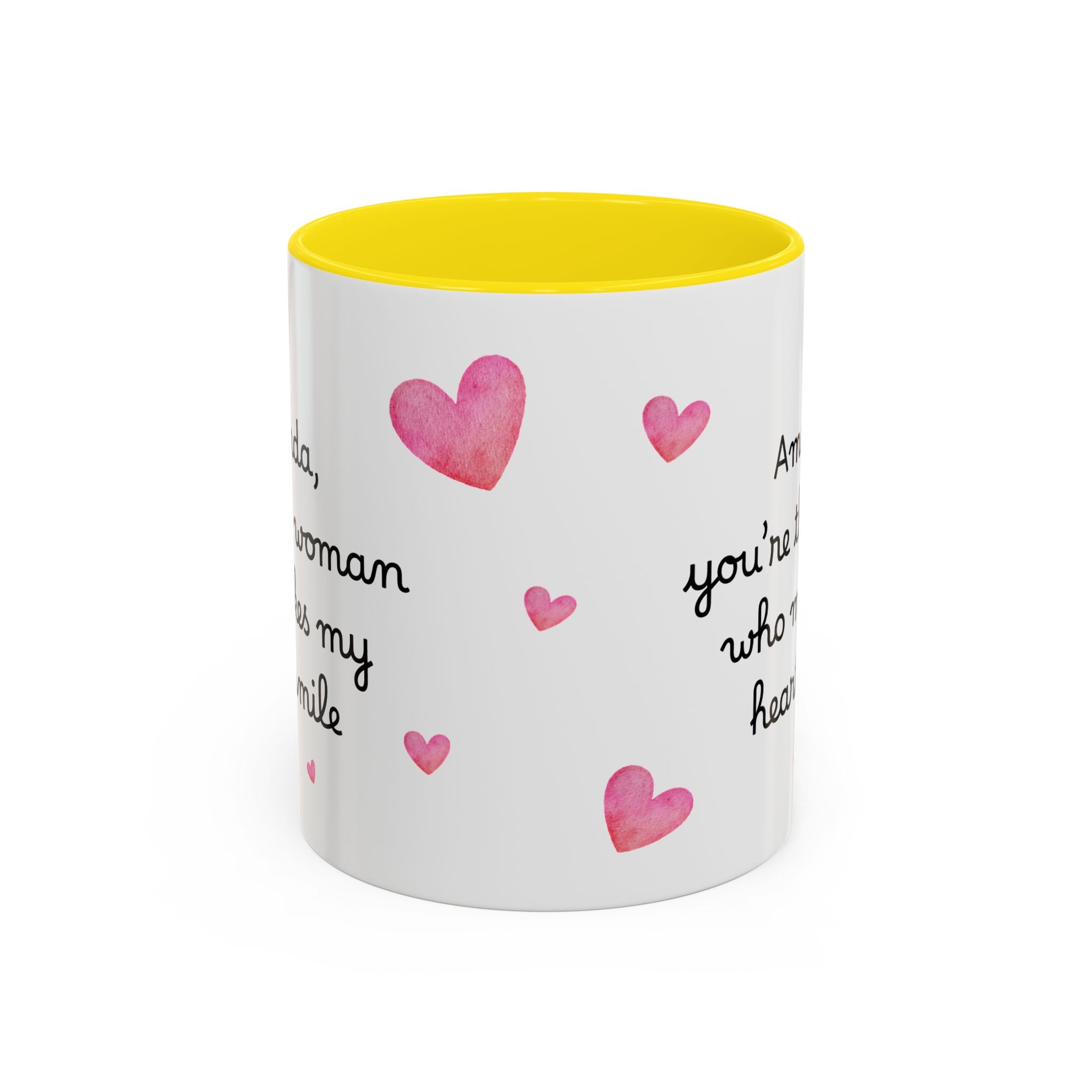 Personalized Heart Coffee Mug — "[Name], you’re the woman who makes my heart smile" (Accent 11/15oz)