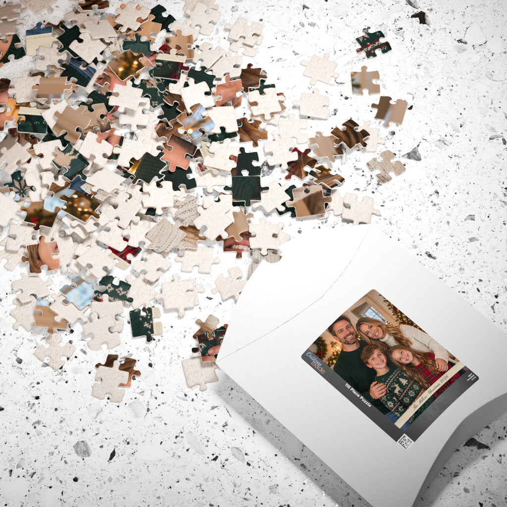 Scattered jigsaw pieces around the personalized photo puzzle box