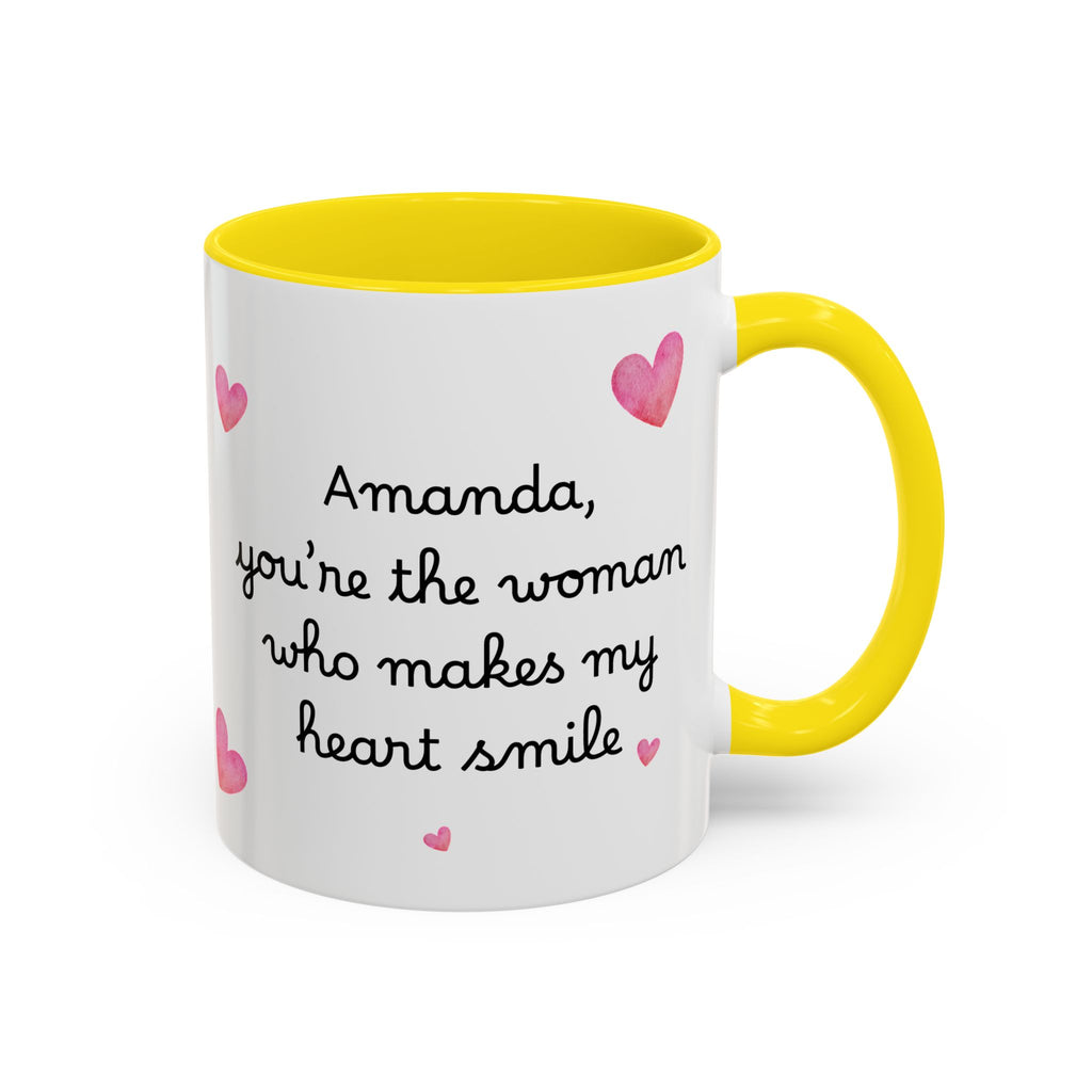 Personalized Heart Coffee Mug — "[Name], you’re the woman who makes my heart smile" (Accent 11/15oz)