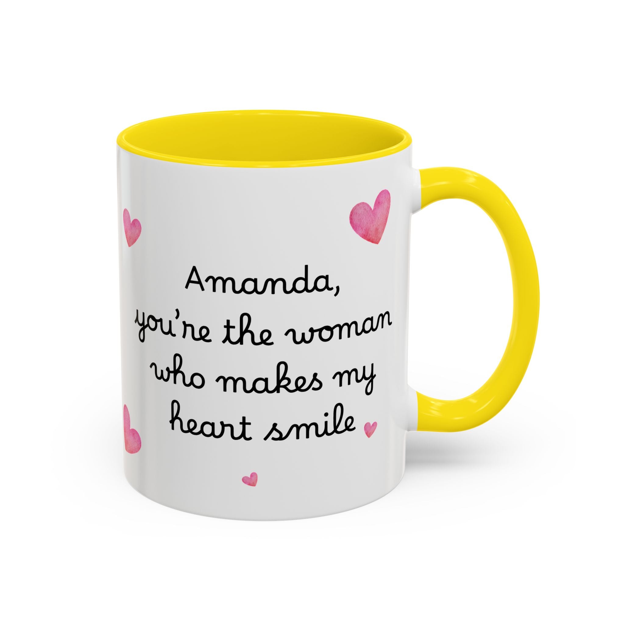 Personalized Heart Coffee Mug — "[Name], you’re the woman who makes my heart smile" (Accent 11/15oz)