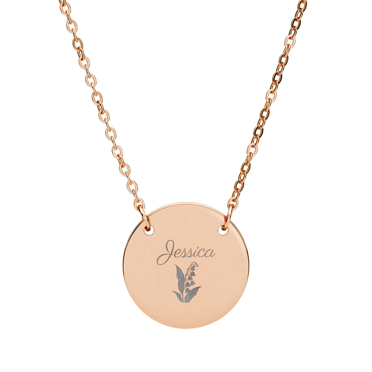 May birth flower necklace in rose gold finish, engraved with lily of the valley and the name Jessica