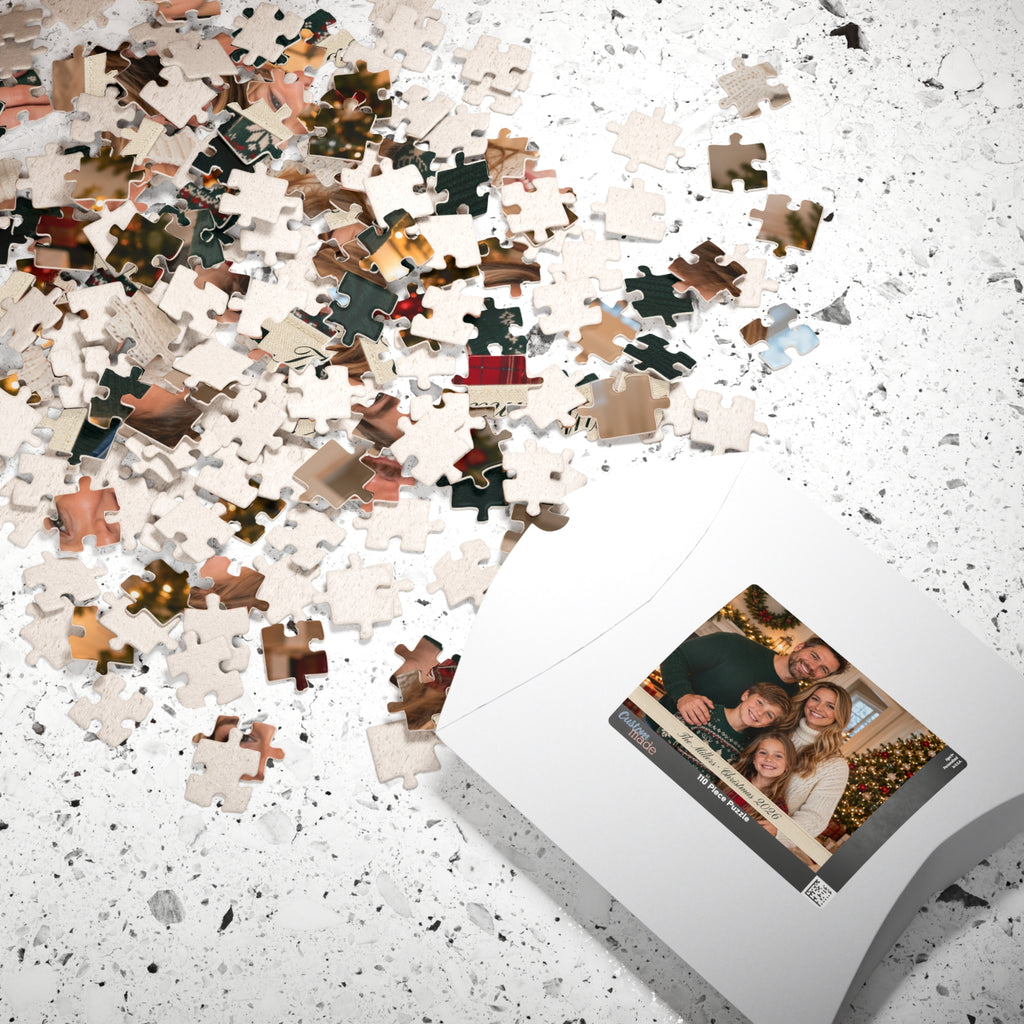 Loose puzzle pieces scattered next to the personalized photo puzzle box