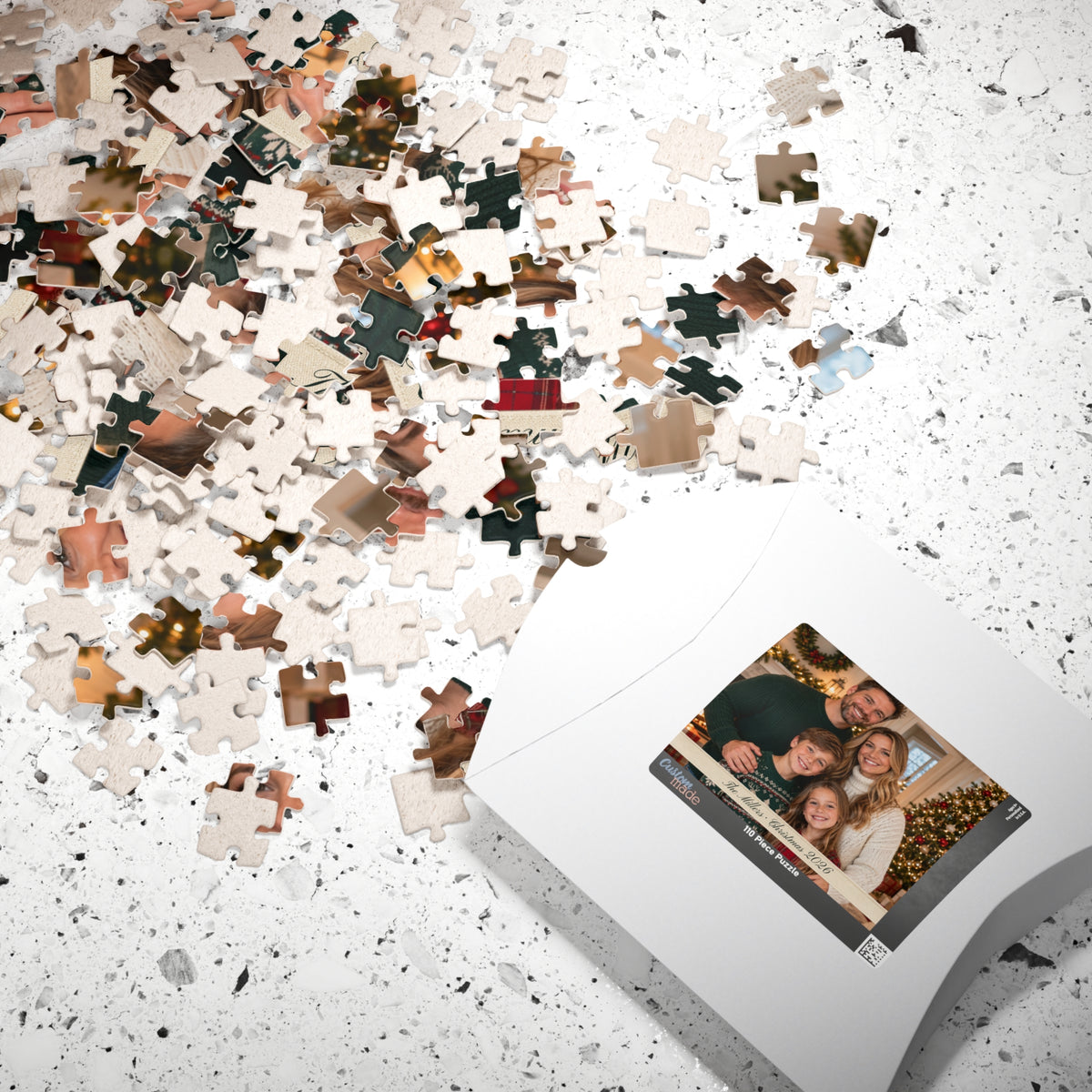 Loose puzzle pieces scattered next to the personalized photo puzzle box