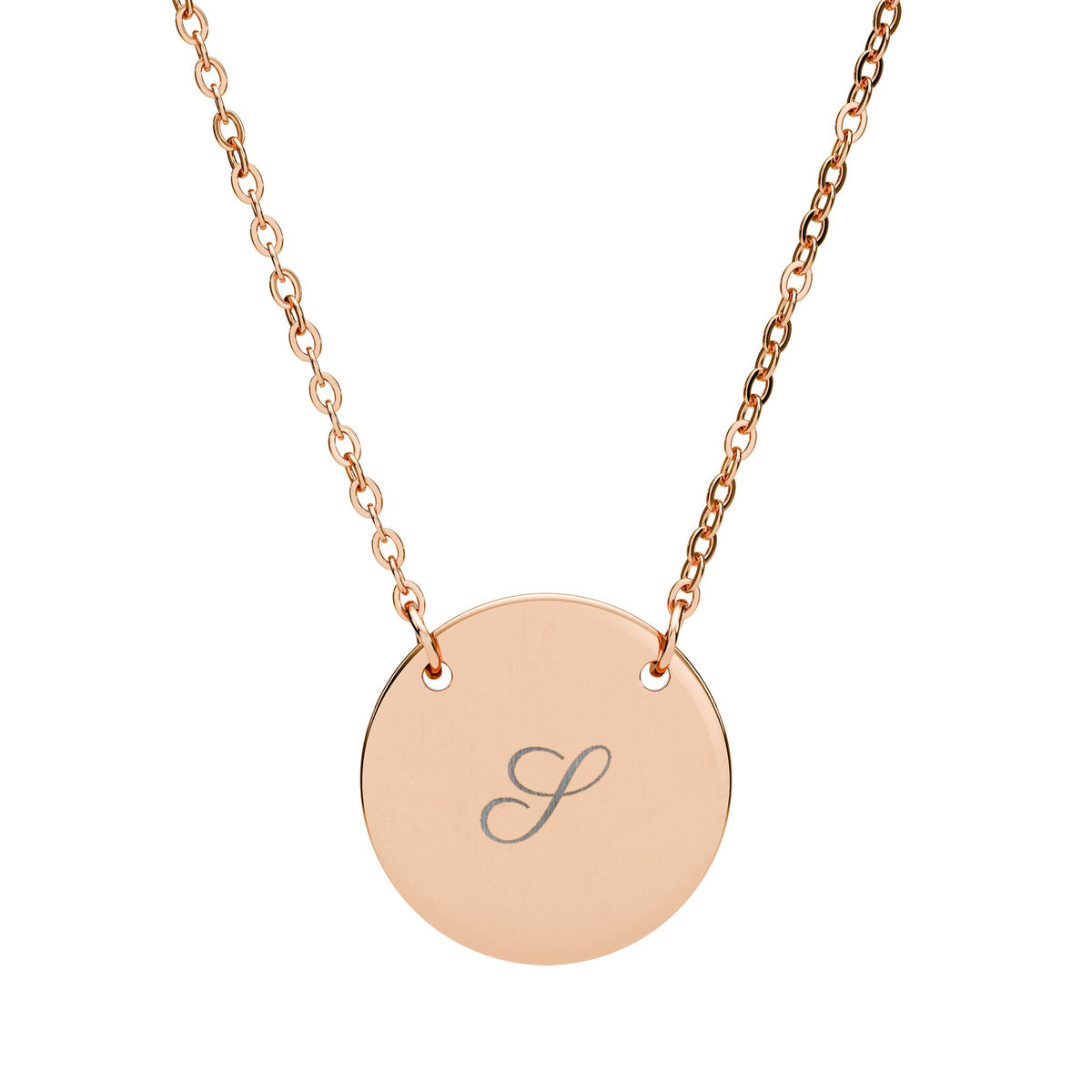 Personalized initial disc necklace in rose gold finish, engraved with a script initial J