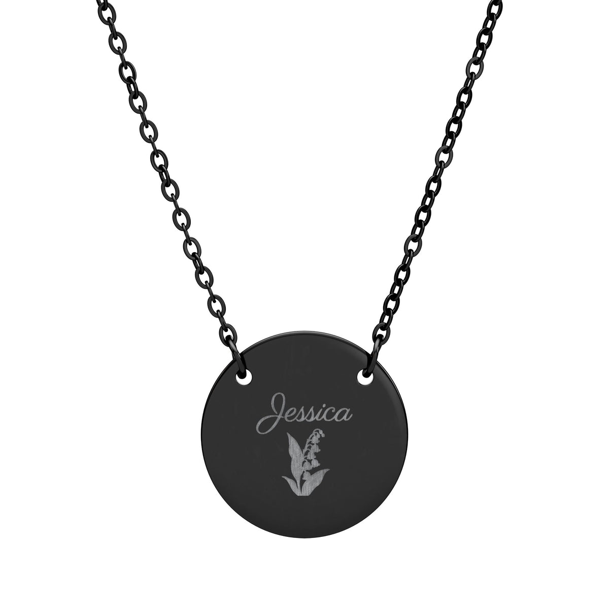 May birth flower necklace in black, engraved with lily of the valley and the name Jessica