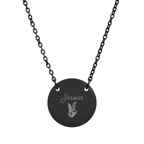 May birth flower necklace in black, engraved with lily of the valley and the name Jessica