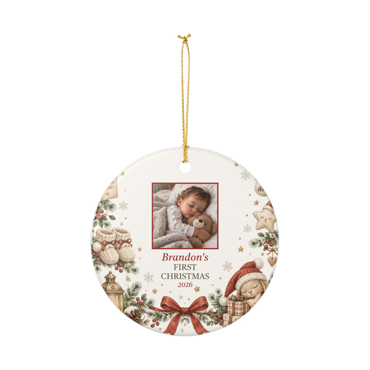 Personalized baby's first Christmas keepsake ornament with name and year, full view