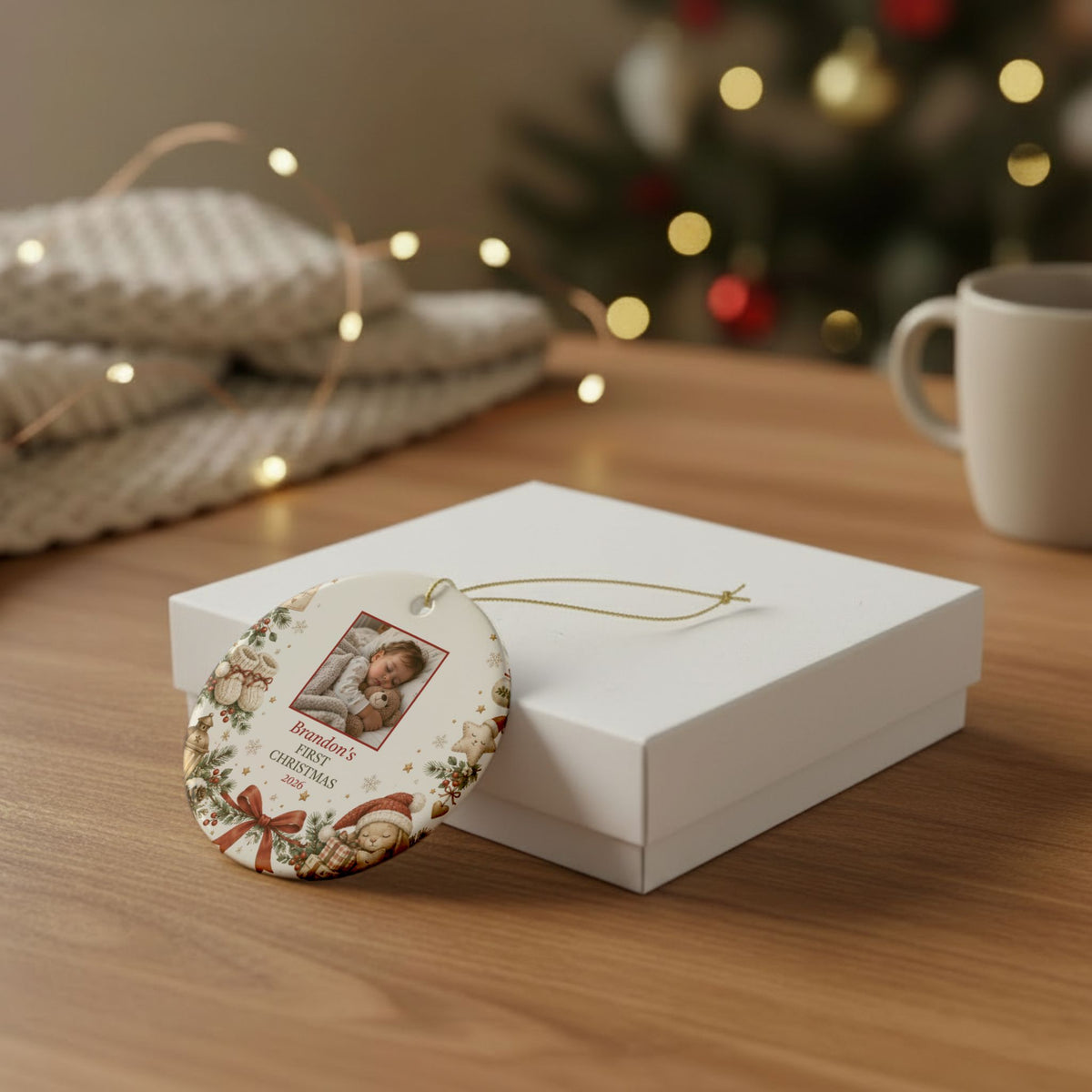 Baby's first Christmas ornament on a white gift box with a cozy knit blanket