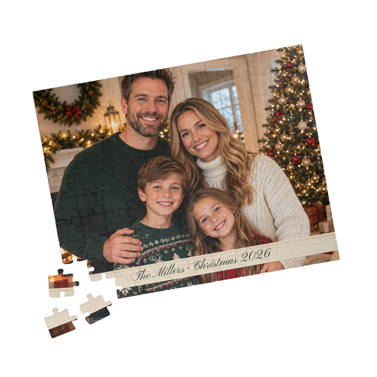 Finished landscape family photo puzzle on a white background