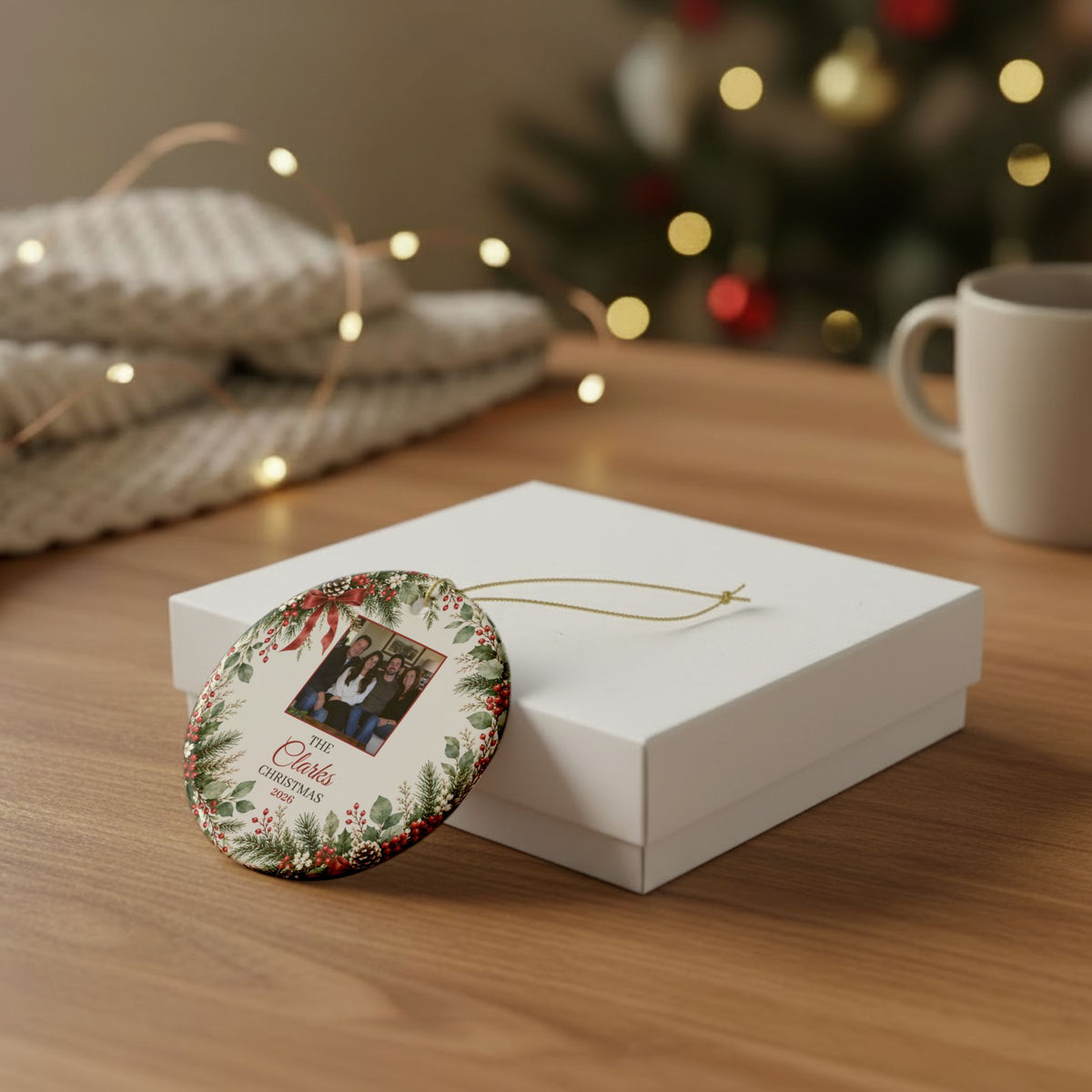 Round family photo Christmas ornament on a white gift box with cozy knit and Christmas lights