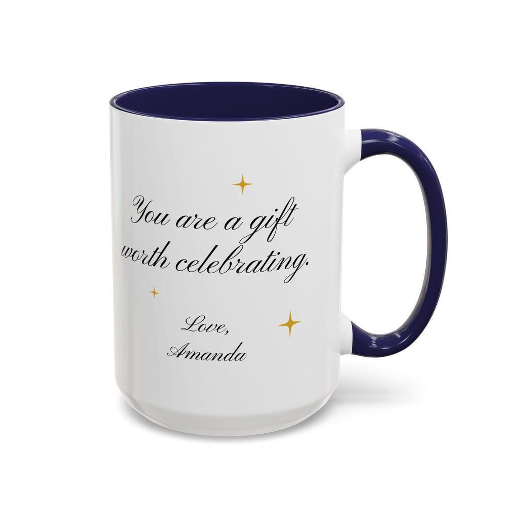 Personalized birthday mug shown in larger 15oz size with black accent rim and handle