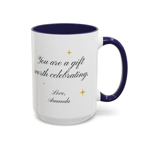Personalized birthday mug shown in larger 15oz size with black accent rim and handle
