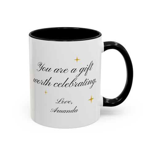 Personalized birthday mug front view with elegant 'gift worth celebrating' script and gold sparkle accents