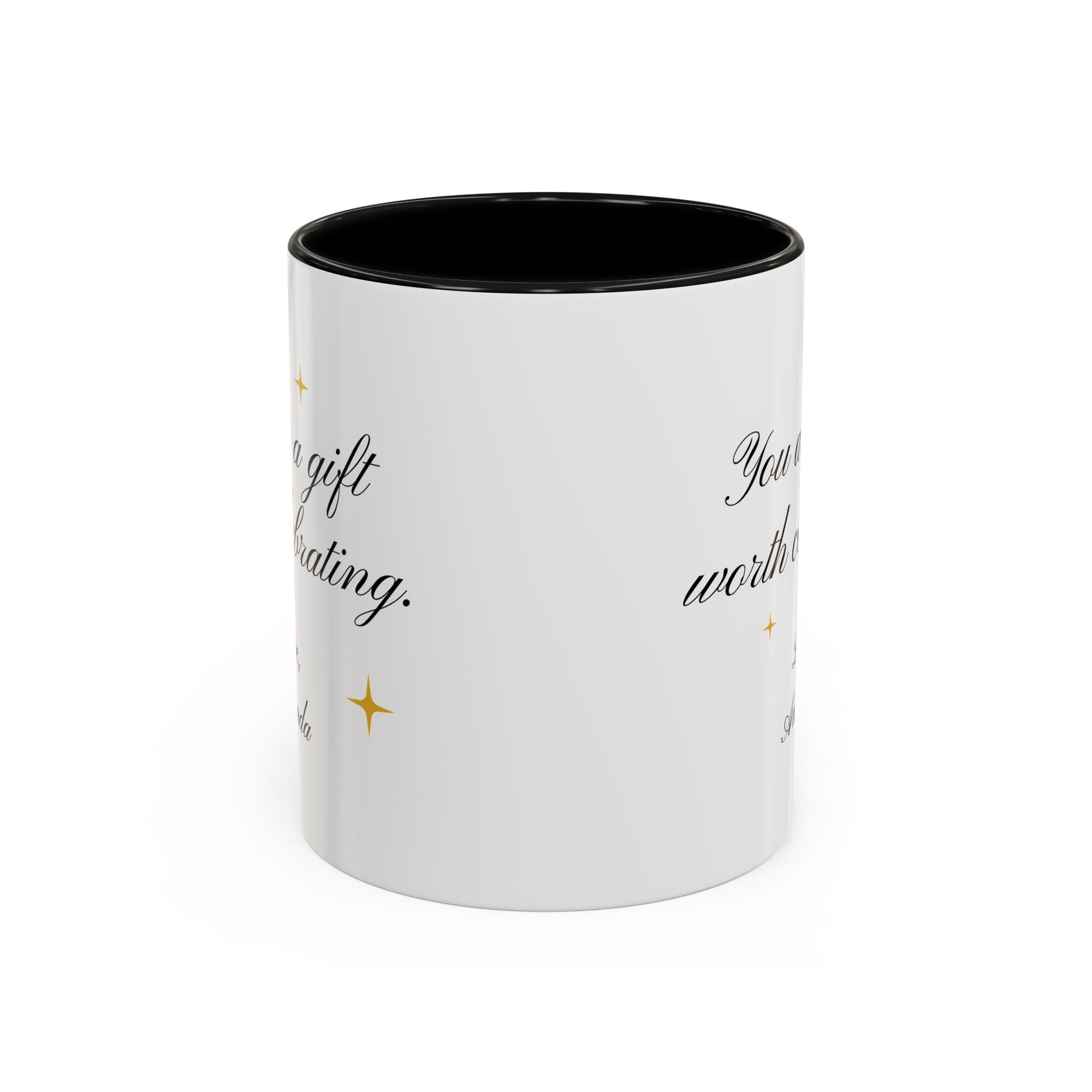 Side angle of personalized birthday mug showing black handle and accent rim