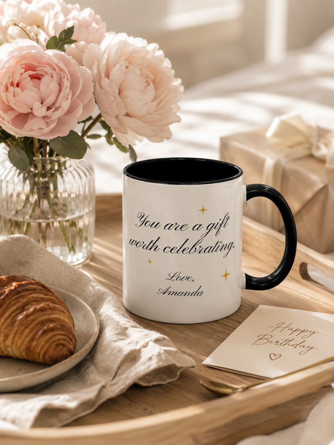 Personalized birthday mug styled on a wooden serving tray with morning coffee, peonies and natural light