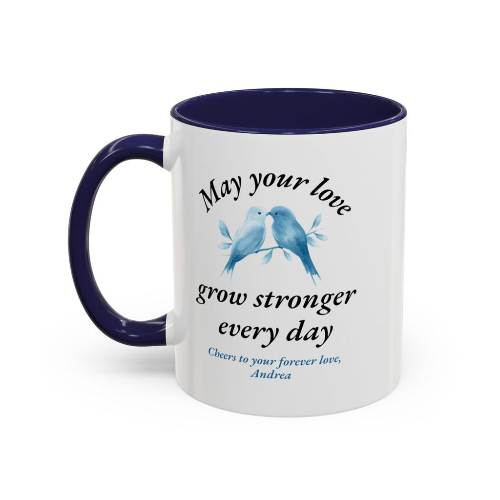 Personalized couples mug shown in navy blue color variant for added style options