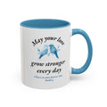Side angle of personalized couples mug showing black handle and accent rim