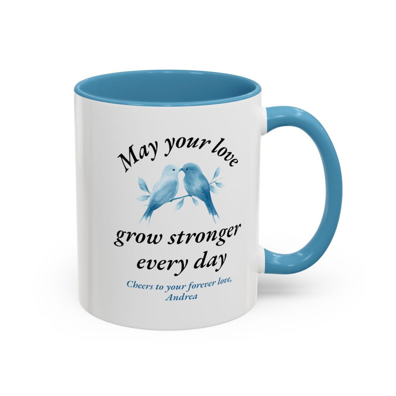 Side angle of personalized couples mug showing black handle and accent rim